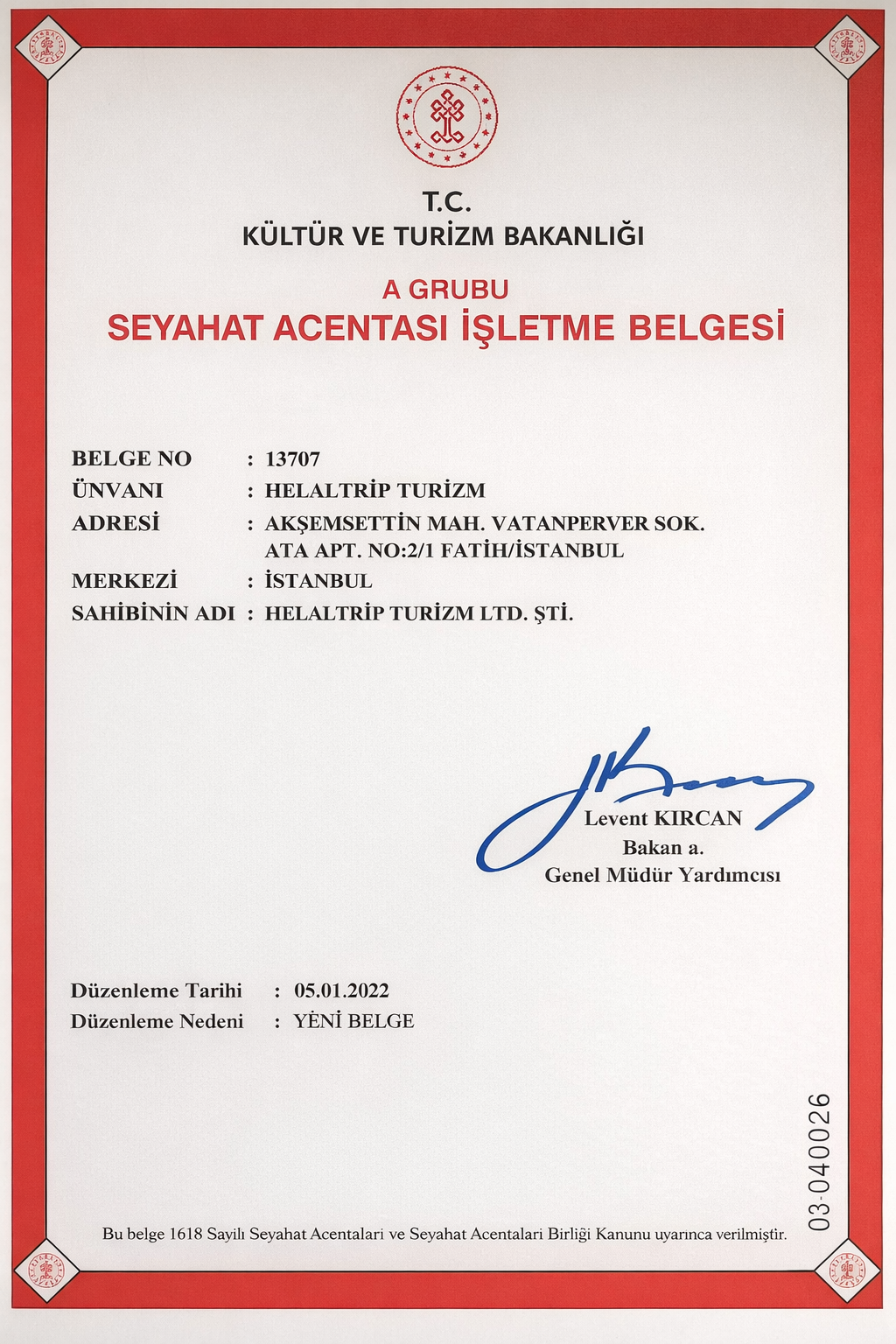 TÜRSAB Turizm Seyahat Acentası Belgesi